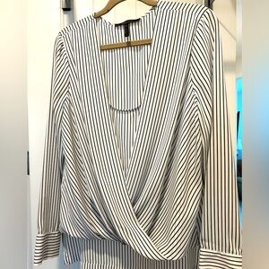 BCBG  “Jaklyn” White with Black Pinstripes Draped Front High-Low Blouse Size Med